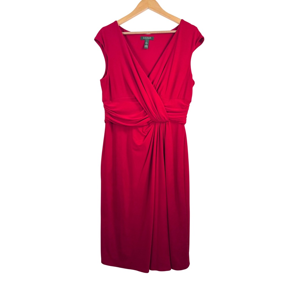 Lauren Ralph Lauren Dress sz 14 Red Faux Wrap Draped V-Neck Sheath Sleeveless